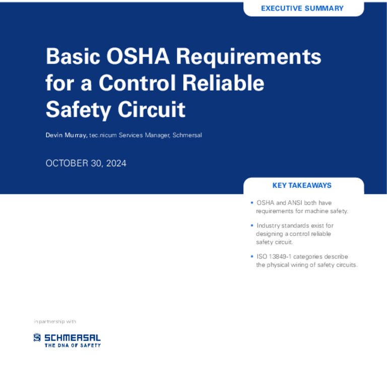 Cover, Executive summary for Basic OSHA Requirements for a Control Reliable Safety Circuit